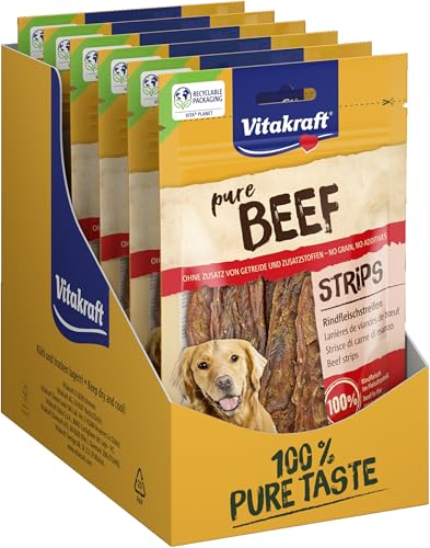 Vitakraft Fleischsnacks, Beef Strips, Rindfleischstreifen, fleischiger Hundesnack, mit Rindfleisch, im wiederverschließbaren Beutel, ohne Zusatz von Zucker und Getreide (10x 80g) von Vitakraft