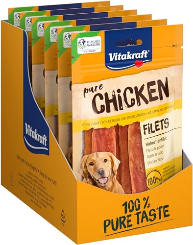 Vitakraft Pure Chicken, fleischige Hühnchenfilets, Hundesnack mit magerem Hühnchenfleisch, im wiederverschließbaren Beutel, ohne Zusatz von Zucker und Getreide (10x 80g) von Vitakraft