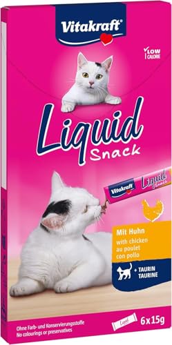 Vitakraft Liquid Snack, Katzen Leckerli, Katzensnack cremig, mit Huhn und Taurin, in einzelnen Sachets, unterstützt die Augen und das Herz (6x 15g) von Vitakraft