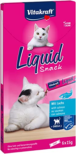 Vitakraft Liquid Snack, flüssiger Katzensnack, mit MSC-Lachs, Katzenleckerlies, mit Omega3 Fettsäuren, für gesunde Haut, kalorienarm (1x 6 Stück) von Vitakraft