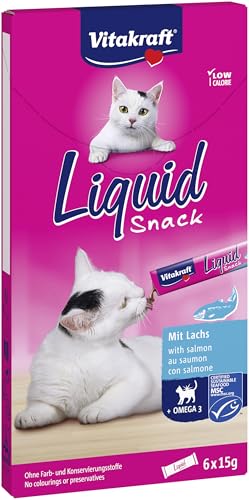 Vitakraft Liquid Snack, Katzen Leckerli, Katzensnack cremig, mit Lachs und Omega 3 Fettsäuren, in einzelnen Sachets, für gesunde Haut (6x 15g) von Vitakraft
