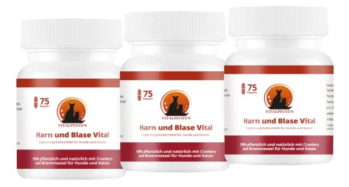 Vitalpfoten 3x75 Harn und Blase Vital Kapseln für Hunde & Katzen mit Cranberry, Mannose und Brennnessel, pflanzliche Hausmittel - Rezeptur für die Blase und Harnwege von Vitalpfoten