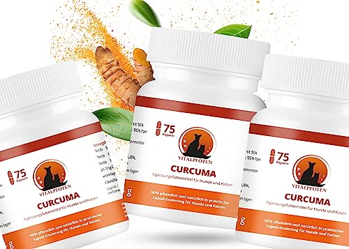 Vitalpfoten 3x75 Kapseln Curcuma für Hunde und Katzen Ergänzungsmittel mit Curcumin und Piperin, verträgliche Dosierung, Herstellung in Deutschland, höchste Reinheit und Qualität von Vitalpfoten