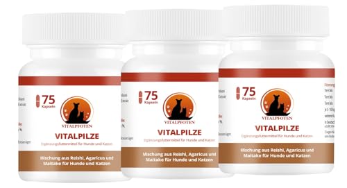 Vitalpfoten 3x75 Vitalpilze Kapseln für Hunde & Katzen mit Heilpilz-Extrakt aus dem ganzen Fruchtkörper für das Immunsystem und Fellpflege von Vitalpfoten