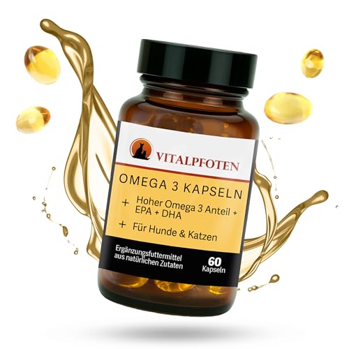 Vitalpfoten 60 Omega 3 Kapseln für Hunde & Katzen hochdosiert mit 55% DHA + EPA Fettsäuren aus Sardellen-Fischöl, extra kleine Kapseln von Vitalpfoten