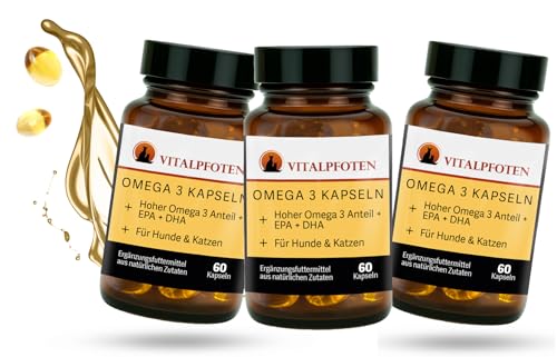 Vitalpfoten 3x60 Omega-3 Fettsäuren Kapseln für Hunde & Katze hochdosiert mit 55% DHA + EPA Fettsäuren aus Sardellen-Fischöl, extra kleine Omega 3 Kapsel von Vitalpfoten