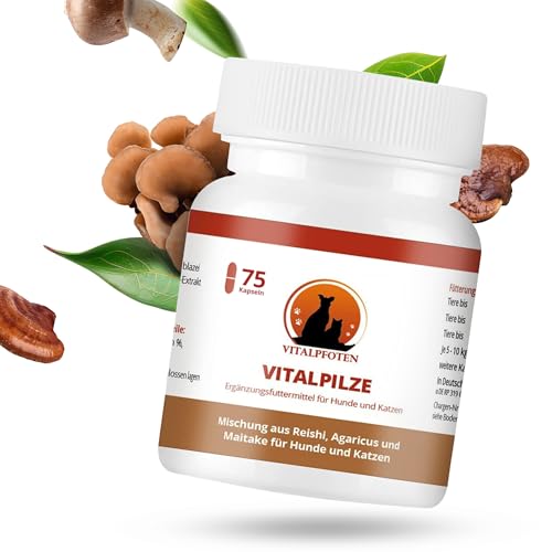 Vitalpfoten 75 Vitalpilze Kapseln für Hunde & Katzen mit Extrakt aus Reishi, Agaricus blazei Murrill, Maitake, pflanzliche Heilpilze als Extrakt aus dem ganzen Fruchtkörper von Vitalpfoten