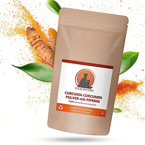Vitalpfoten Curcuma Curcumin Pulver mit Piperin fertig gemischt für Hunde und Katzen 30g, zur direkten Verfütterung oder für Goldene Paste/Milch, höchste Reinheit und Qualität inkl. Dosierlöffel von Vitalpfoten