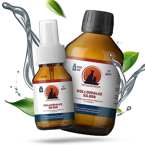 Vitalpfoten Kolloidales Silber 25ppm 200 ml Medizinglas Flasche + gratis Leere Sprühflasche für Hunde, Katzen, Haustiere, höchste Reinheit und Qualität durch Elektrolyse Herstellung in Deutschland von Vitalpfoten