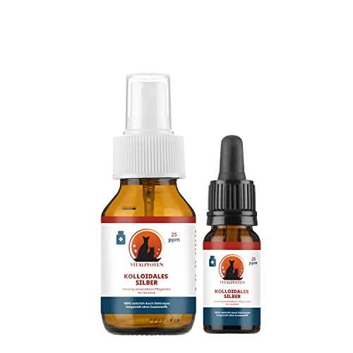 Vitalpfoten Kolloidales Silber 25ppm 50 ml Sprühflasche + 10 ml Pipettenflasche für Hunde, Katzen und andere Haustiere, höchste Reinheit und Qualität durch Elektrolyse Herstellung von Vitalpfoten