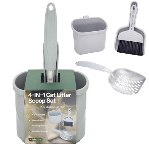 Vitisyao 4-in-1 Katzentoilettenschaufel mit Halter, Katzentoiletten-Organizer-Reinigungsset – Kehrmaschine und Kehrschaufel, Aluminium-Kitty-Katzentoilette und Aufbewahrungsbehälter, robuste von Vitisyao