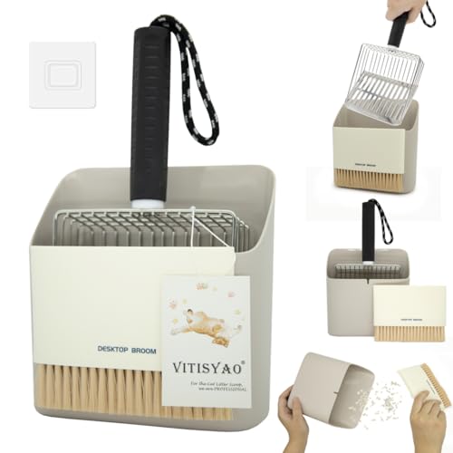Vitisyao Edelstahl Katzenstreuschaufel, Metall Katzenstreu Schaufel mit Halter - Tragbare Kehrschaufel und Kleine Reinigungsbürste, Heavy Duty Streuschaufel mit grobem und feinem Gitter für alle von Vitisyao