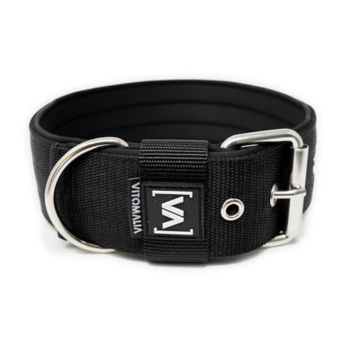 VITOMALIA® 3cm Breites Hundehalsband, Abstehende Neopren-Innenfütterung, Silberfarbene Edelstahl-Dornschnalle, Hundehalsband kleine Hunde (3cm/M = 40cm-50cm, Schwarz) von Vitomalia