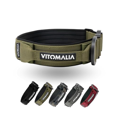 VITOMALIA® Taktisches Hundehalsband, 3 cm Breit: Stabiles Nylon, Magnet Handgriff, Sicherheitsschnalle, Hundehalsband kleine Hunde (3cm/M = 40cm-50cm, Khaki) von Vitomalia
