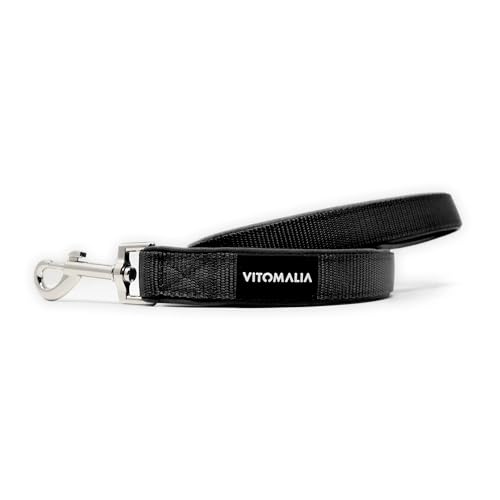Vitomalia® Hundeleine mit Handschlaufe: 1,20m, Robustes Nylon, weiches Neopren, Silberne Edelstahl-Details, rost- & nickelfrei – ideal für alle Hunde (Schwarz) von Vitomalia