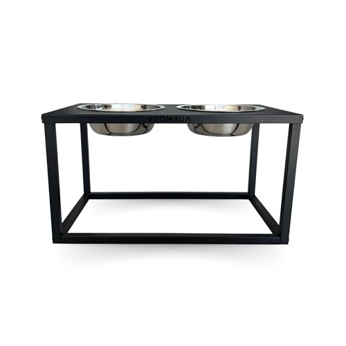 Vitomalia® Luxus Hund Futterbar - Erhöhte Futterstation für Große Hunde - 2er Hundenapf/Futternapf aus rostfreiem 304 Edelstahl - Gehäuse aus 304 Edelstahl mit schwarzer Pulverbeschichtung von Vitomalia