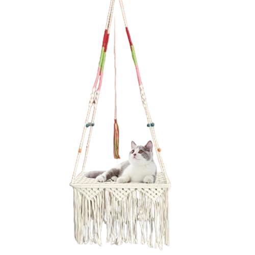 Macrame Cat Swing Bett - Bohemian Hanging Cradle Seat, Gewebter Katzen Hängemattenkorb | Weiches Schwingendes Nest Für Kätzchen, Hängematte In Der Innenperch Mit Quasten, Handgefertigte Haustiermöbel Macrame Cat Swing Bett - Bohemian Hanging Cradle Seat, Gewebter Katzen Hängemattenkorb | Weiches Schwingendes Nest Für Kätzchen, Hängematte In Der Innenperch Mit Quasten, Handgefertigte Haustiermöbel von Vitsrisea