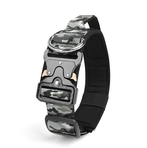 Viugex Taktisches Hundehalsband, Verstellbar Nylon Hunde Halsband Gepolstert, Wasserdicht Hundehalsbänder mit Kontrollgriff für Kleine Mittlere Große Hunde Jagd Training Outdoor (Grau Camouflage, XL) von Viugex