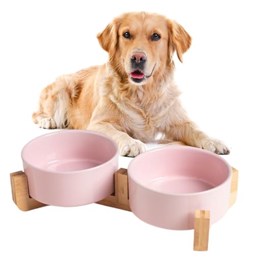 Viusneun Hundenapf Keramik, 2 Stück Futterschüssel Wassernapf Napf mit Bambus Ständer für mittelgroße und große Hunde Futter- und Wassernapf (Rosa, 14.6 * 6cm/600ml) von Viusneun
