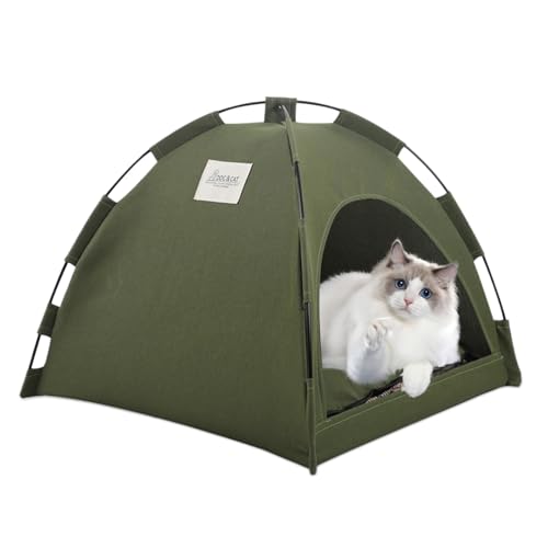 Viusneun Tragbares Haustier Tipi mit Kissen Katze Hunde Outdoor Camping Ruhezelt Abnehmbar und Waschbar Haustierbett Wegklappen Haustier Hundebett Katzenbett (Armeegrün,35 * 35 * 30CM) von Viusneun