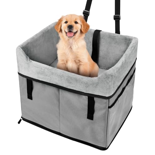 Vivifying Hunde Autositz - Hundesitz Auto Rückbank, Sicherer und Stabiler Autositz Hund mit Gurtbefestigungshaken und Plüschkissen für Hunde bis 11 kg 41x33x36 cm (Grau) von Vivifying