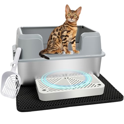Vivifying Katzenklo Edelstahl, Leicht zu Reinigen und Geruchsresistent Katzentoilette Edelstahl Auslauf-und Verschüttungssicher, Edelstahl Katzenklo mit Pedals, Schaufel und Matte (Grau) von Vivifying