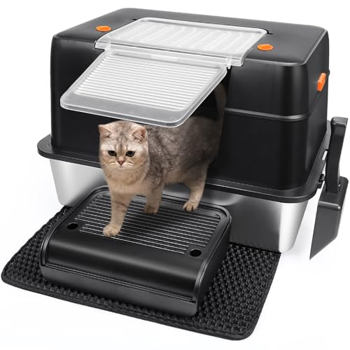Vivifying Katzenklo Edelstahl mit Deckel, XL Leicht zu Reinigen und Geruchsresistent Katzentoilette Edelstahl, Rostfreier Stahl Katzenklo mit Pedals, Schaufel und Matte (Schwarz) von Vivifying