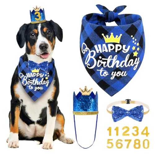 Vivifying Geburtstags-Hundehalstücher, 4 Stück, klassisches kariertes Dreieckstuch mit Druck, Urlaubs-Hunde-Geburtstagsparty-Kostüm für große, mittelgroße und kleine Hunde (blau) von Vivifying