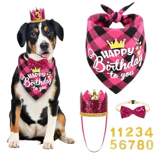 Vivifying Hunde-Geburtstags-Halstuch, Set mit 4 Hunde-Geburtstagsparty-Zubehör mit Kronenhut und Fliege, verschiedene Größen für kleine, mittelgroße und große Jungen, Party-Dekorationen (groß, Rosa) von Vivifying