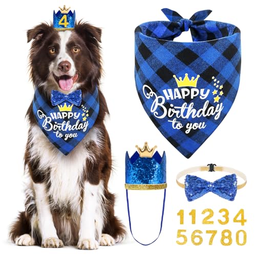 Vivifying Hunde-Geburtstags-Halstuch, Set mit 4 Hunde-Geburtstagsparty-Zubehör mit Kronenhut und Fliege, verschiedene Größen für mittelgroße und große Hundeparty-Dekorationen (XL, Blau) von Vivifying