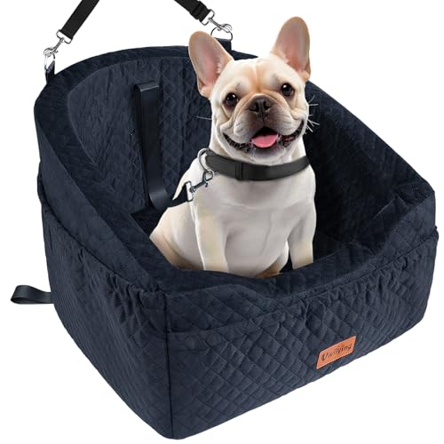Vivifying Hundeautositz für kleine und mittelgroße Hunde, abnehmbare und waschbare Sitzerhöhung für Haustiere bis zu 13.6KG, Reisebett mit Staufächern und Sicherheitsgurt (Schwarz) von Vivifying
