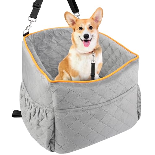 Vivifying Hunde Autositz für Kleine Hunde, Abnehmbare und Waschbare Hundesitzerhöhungen für Haustiere bis zu 11KG, erhöhtes Reisebett für das Auto mit Hundesitzgurten (Grau) von Vivifying