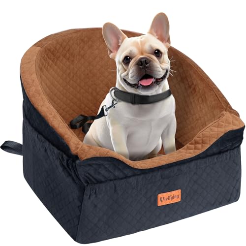 Vivifying Hundeautositz für kleine und mittelgroße Hunde, abnehmbare und waschbare Sitzerhöhung für Haustiere bis zu 13.6KG, Reisebett mit Staufächern und Sicherheitsgurt (Braun) von Vivifying