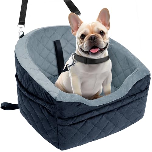 Vivifying Hundeautositz für kleine und mittelgroße Hunde, abnehmbare und waschbare Sitzerhöhung für Haustiere bis zu 13.6KG, Reisebett mit Staufächern und Sicherheitsgurt (Grau) von Vivifying