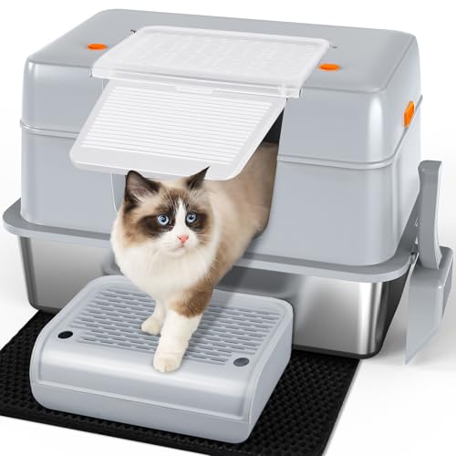 Vivifying Katzenklo Edelstahl mit Deckel, XL Leicht zu Reinigen und Geruchsresistent Katzentoilette Edelstahl, Rostfreier Stahl Katzenklo mit Pedals, Schaufel und Matte (Grau) von Vivifying