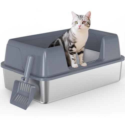 Vivifying Katzentoilette Edelstahl, Seiteneinstieg Katzenklo mit Schaufel, Geeignet für Große Katzen, Auslaufsicher, Leicht zu Reinigen (Grau) von Vivifying