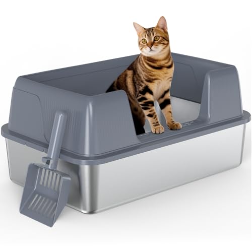 Vivifying Katzentoilette aus Edelstahl, extragroß, halbgeschlossene Metallpfanne mit seitlichem Eingang, Schaufel inklusive, offenes Töpfchen für große Katzen und Kätzchen, leicht zu reinigen und von Vivifying