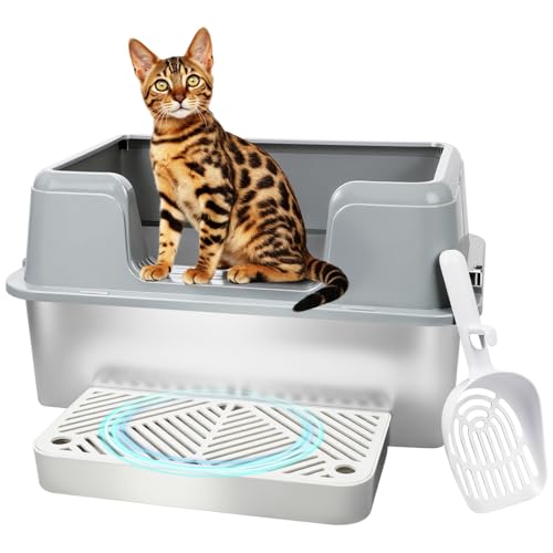 Vivifying Katzentoilette aus Edelstahl, große, halbgeschlossene Katzentoilette mit Deckel, auslaufsichere Metallpfanne für einfache Reinigung und Geruchskontrolle (Grau) von Vivifying