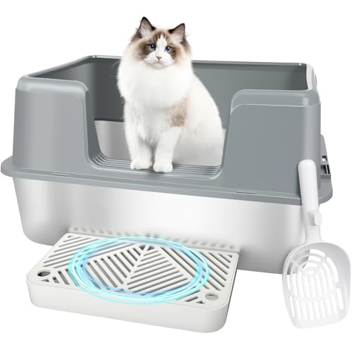 Vivifying Katzentoilette aus Edelstahl für den Haushalt mit mehreren Katzen, hohe Seite, Metall-Katzentoilette mit Schaufel und Fußteil, für Kätzchen, Kaninchen und Hamster, antihaftbeschichtet und Vivifying Katzentoilette aus Edelstahl für den Haushalt mit mehreren Katzen, hohe Seite, Metall-Katzentoilette mit Schaufel und Fußteil, für Kätzchen, Kaninchen und Hamster, antihaftbeschichtet und von Vivifying