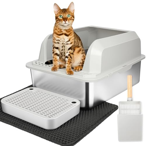 Vivifying Katzentoilette XL Edelstahl - Leicht zu Reinigen, Geruchsresistent, Auslauf- und Verschüttungssicher - Mit Pedals, Schaufel und Matte (Grau) von Vivifying