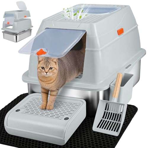 Vivifying Katzentoilette aus Edelstahl mit Deckel, XL-Fronteingang, geschlossen, extra große Katzentoilette für große Katzen und Kätzchen, Topausgang, Metall-Katzenpfanne mit Schaufel, Matte Vivifying Katzentoilette aus Edelstahl mit Deckel, XL-Fronteingang, geschlossen, extra große Katzentoilette für große Katzen und Kätzchen, Topausgang, Metall-Katzenpfanne mit Schaufel, Matte von Vivifying
