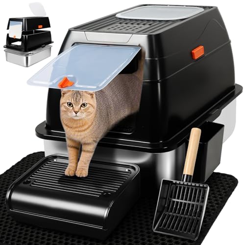 Vivifying Katzentoilette aus Edelstahl mit Deckel, XL Fronteingang geschlossen, extra große Katzentoilette für große Katzen & Kätzchen, Top Exit Metall Katzenpfanne mit Schaufel, Matte, Fußteil Vivifying Katzentoilette aus Edelstahl mit Deckel, XL Fronteingang geschlossen, extra große Katzentoilette für große Katzen & Kätzchen, Top Exit Metall Katzenpfanne mit Schaufel, Matte, Fußteil von Vivifying