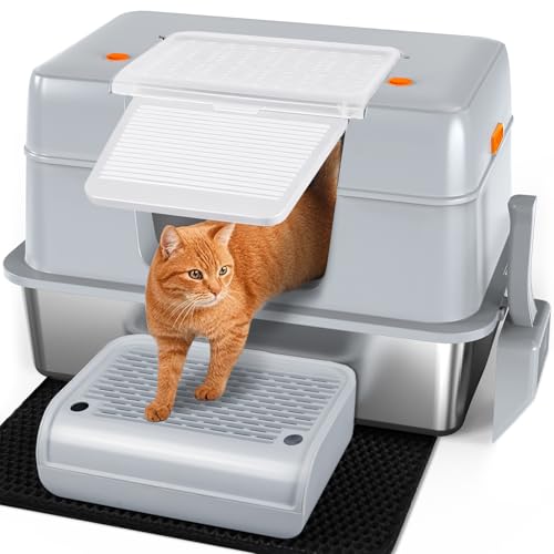 Vivifying Katzentoilette aus Edelstahl mit Deckel, XL-Seiteneingang, extra große Katzentoilette für große Katzen und Kätzchen, abnehmbare, geschlossene Metall-Katzentoilette mit hochseitigem Gehäuse von Vivifying