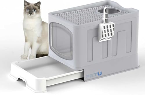 Große Katzentoilette Katzentoilette, Faltbare Katzentoilette mit Deckel, Schaufel, Klappentür, herausziehbare Schale für einfache Reinigung, große Anti-Splashing Hooded Space Katzentoilette von Vivo Technologies