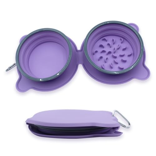 Vlecexs 2 in 1 Faltbarer Anti Schlingnapf Hund Katze Hundefutter Doppel Schüssel Haustier Silikon Platzsparender Reise Napf Outdoor Stadtspaziergänge Autofahrten Slow Feeder Lila von Vlecexs