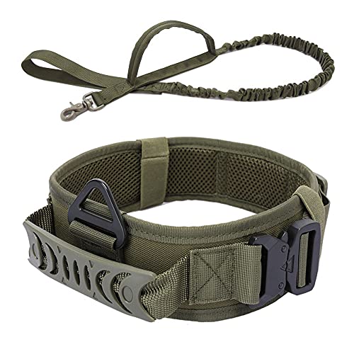 Vmokki Gepolstertes Hundehalsband & Hundeleine Taktisch Verstellbar Breit Hunde Halsband mit Kontrollgriff, Metallschnalle für Große Hunde Training Outdoor (Grün) von Vmokki