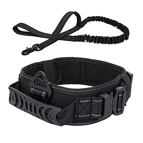 Vmokki Gepolstertes Hundehalsband & Hundeleine Taktisch Verstellbar Breit Hunde Halsband mit Kontrollgriff, Metallschnalle für Große Hunde Training Outdoor (Reflektierend Schwarz) von Vmokki