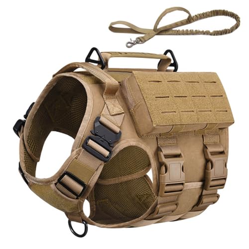 Vmokki Hundegeschirr mit Hundeleine Brustgeschirr mit 3 Taschen, 2 Griffe, 3 D-Ring Taktisch Gepolstert Verstellbar Molle Sicherheitsgeschirr für mittelgroße große Hunde (Braun, L) von Vmokki