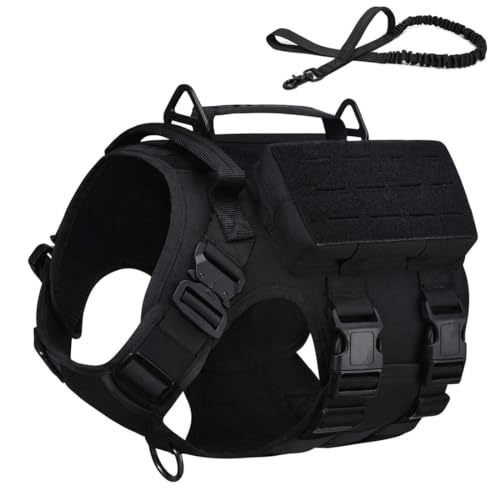 Vmokki Hundegeschirr mit Hundeleine Brustgeschirr mit 3 Taschen, 2 Griffe, 3 D-Ring Taktisch Gepolstert Verstellbar Molle Sicherheitsgeschirr für mittelgroße große Hunde (Schwarz, XL) von Vmokki