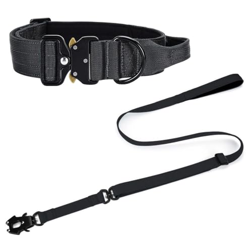 Vmokki Hundehalsband und Hundeleine Set mit Metallschnalle Griff Verstellbar Weich Gepolstert Nylon für Welpen Mittlere Große Hunde (Schwarz, M) von Vmokki